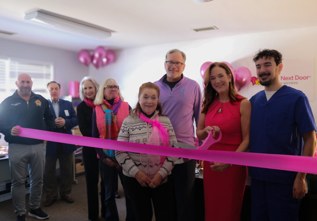 First Selectman Terry Rooney, Monroe Chamber President Ray Giovanni, Tara Conte, Mary Hill, Carolyn Finch-Hulme, Dr. William Petit, Allison Hulme, R.N., and certified nursing assistant and caregiver Jacob Pedroza. 